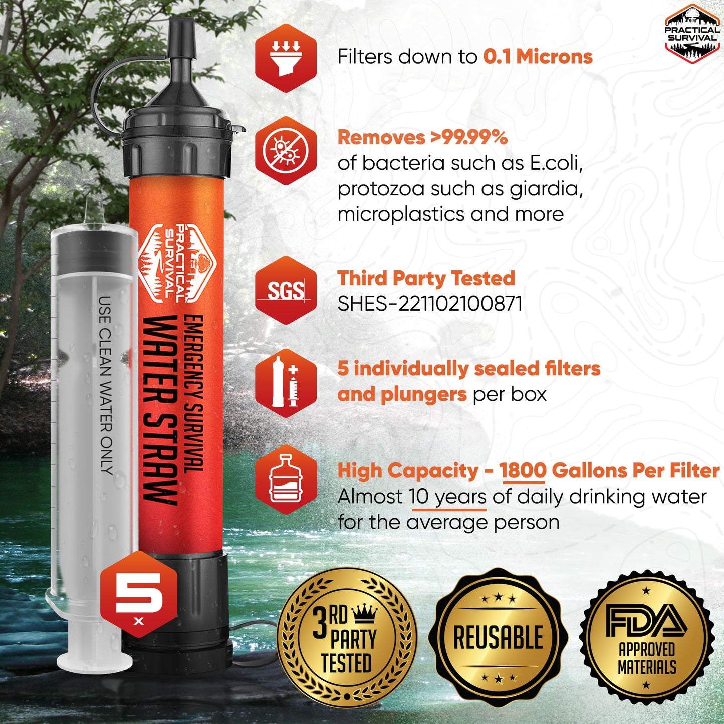 5 High-Capacity Emergency Water Straws – Lightweight, Reusable, 1800-gallon Filters for Camping, Hiking, Travel, Biking, Survival, and Emergencies. No Expiration Date, Perfect for preparedness