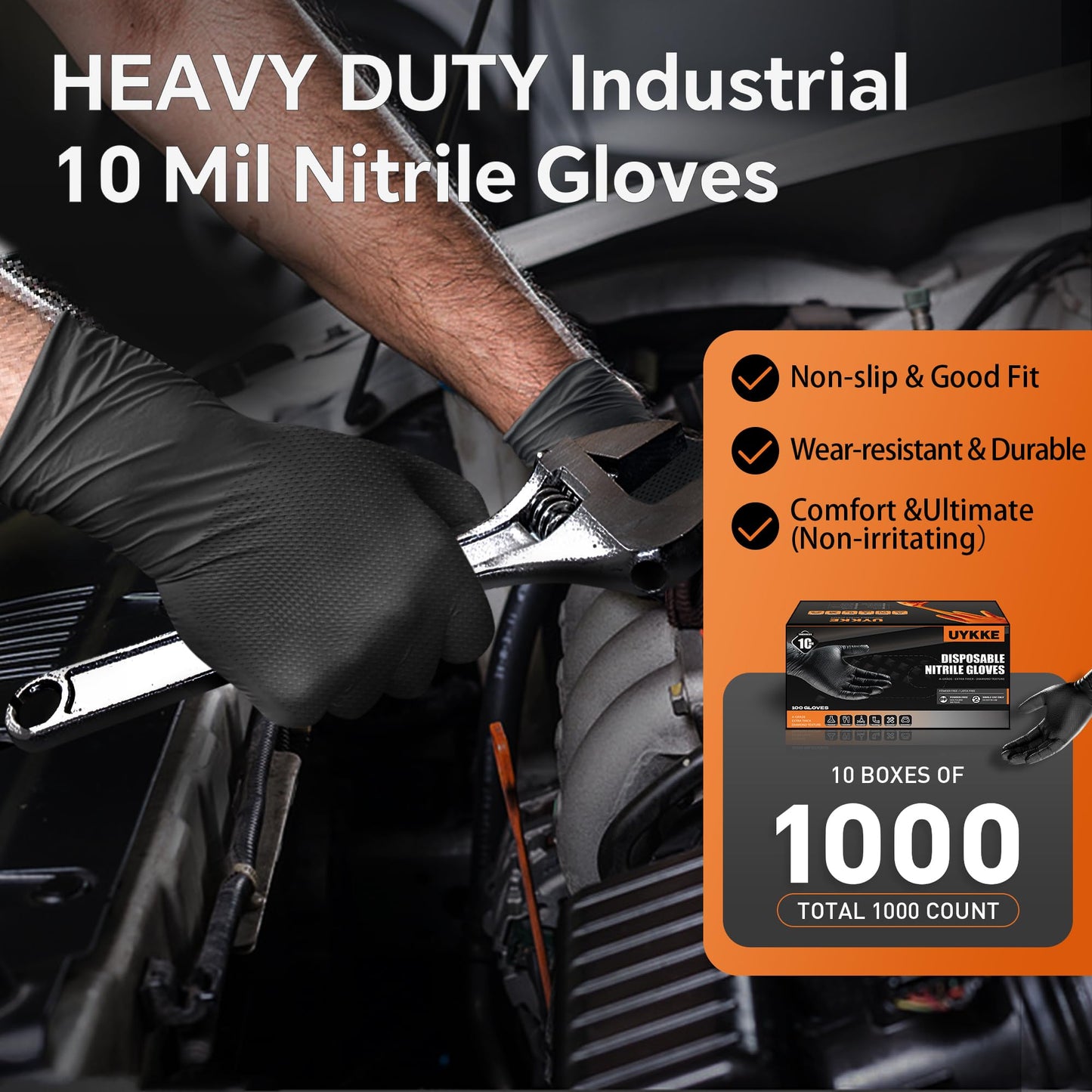 UYKKE 10mil Nitrile Gloves Thick,Industrial Disposable Gloves with Diamond Textured,Heavy Duty Mechanic Glove,Latex Free (100, Large)