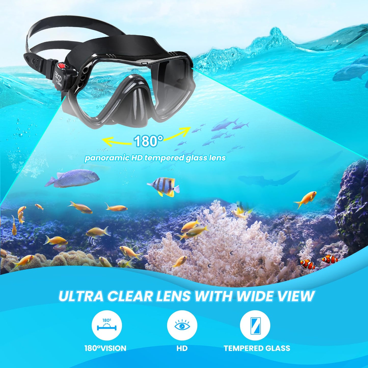 Snorkel Diving Mask, Professional Snorkeling Mask Gear, Ultra Clear Lens with Wide View Tempered Glass Goggles,Anti Leakage Scuba Mask, Silicone Swimming Goggles Mask for Adults, 3 Color (Black)