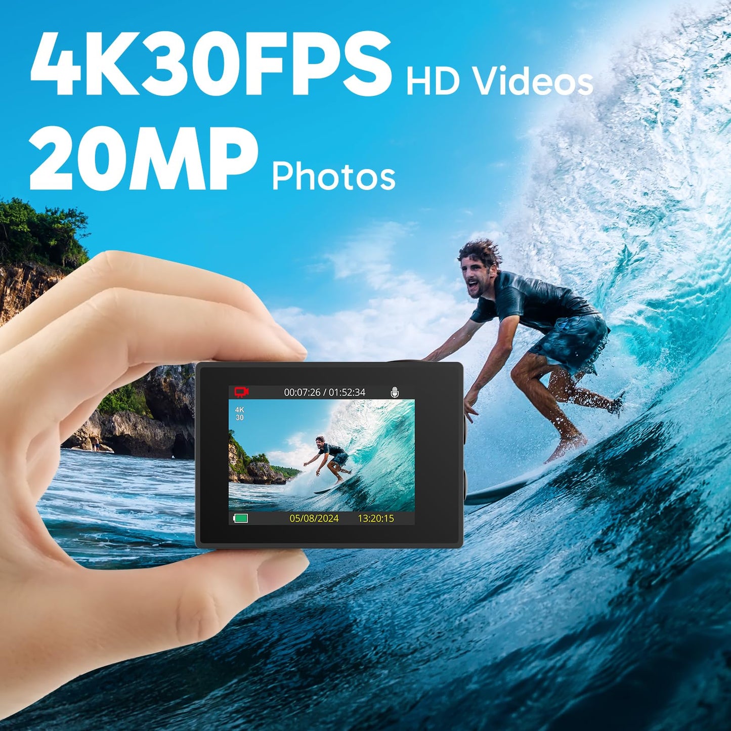 AKASO EK7000 4K30FPS 20MP WiFi Action Camera with EIS Ultra HD 131FT Waterproof Underwater Camera Remote Control 4X Zoom Support External Microphone Black