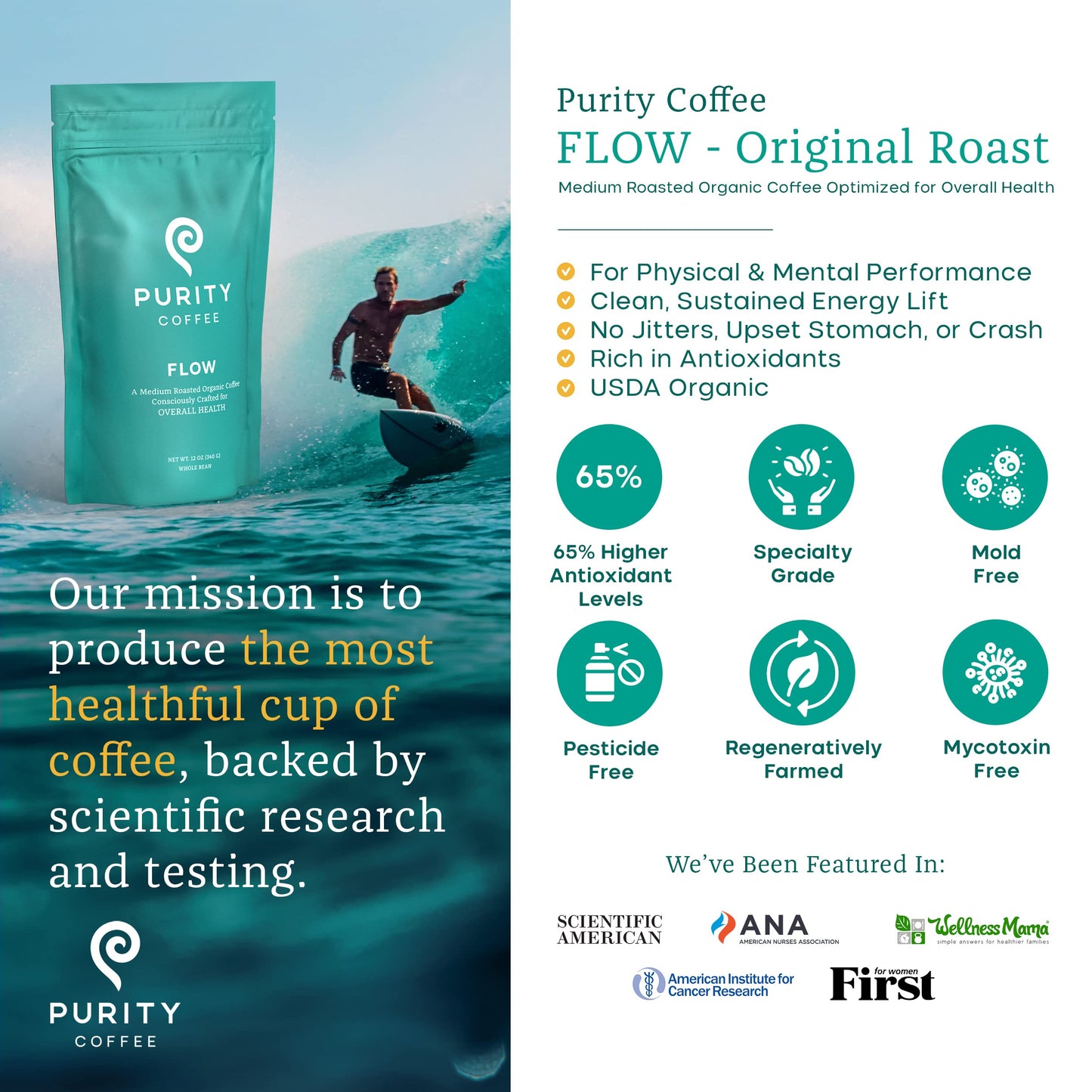 Purity Coffee FLOW Medium Roast Organic Coffee - USDA Certified Organic Specialty Grade Arabica Whole Bean Coffee - Third Party Tested for Mold, Mycotoxins and Pesticides - 12 oz Bag