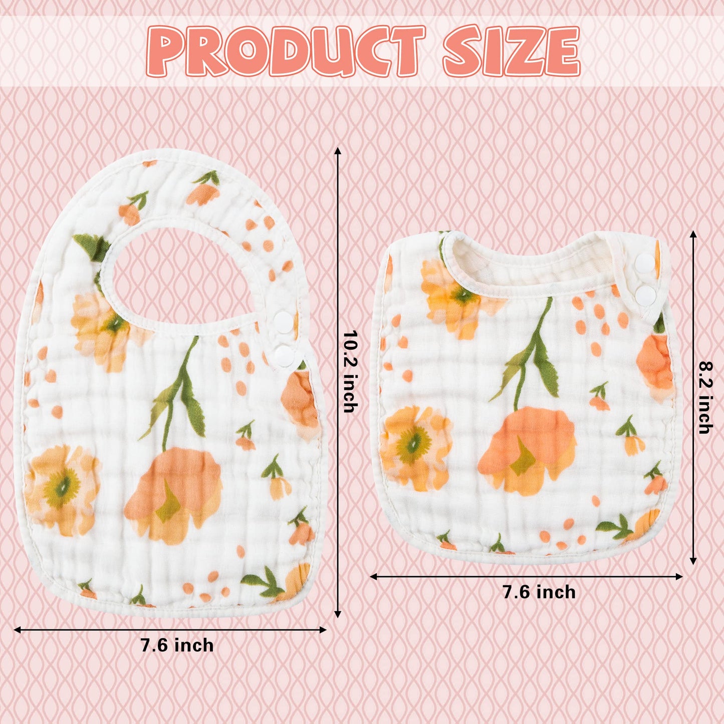 Zainpe 6Pcs Snap Muslin Cotton Bibs for Baby, Flamingo Star Flower Machine Washable Adjustable Burp Cloths with 6 Absorbent Soft Layers for Infant Newborn Toddler Drooling Feeding and Teething
