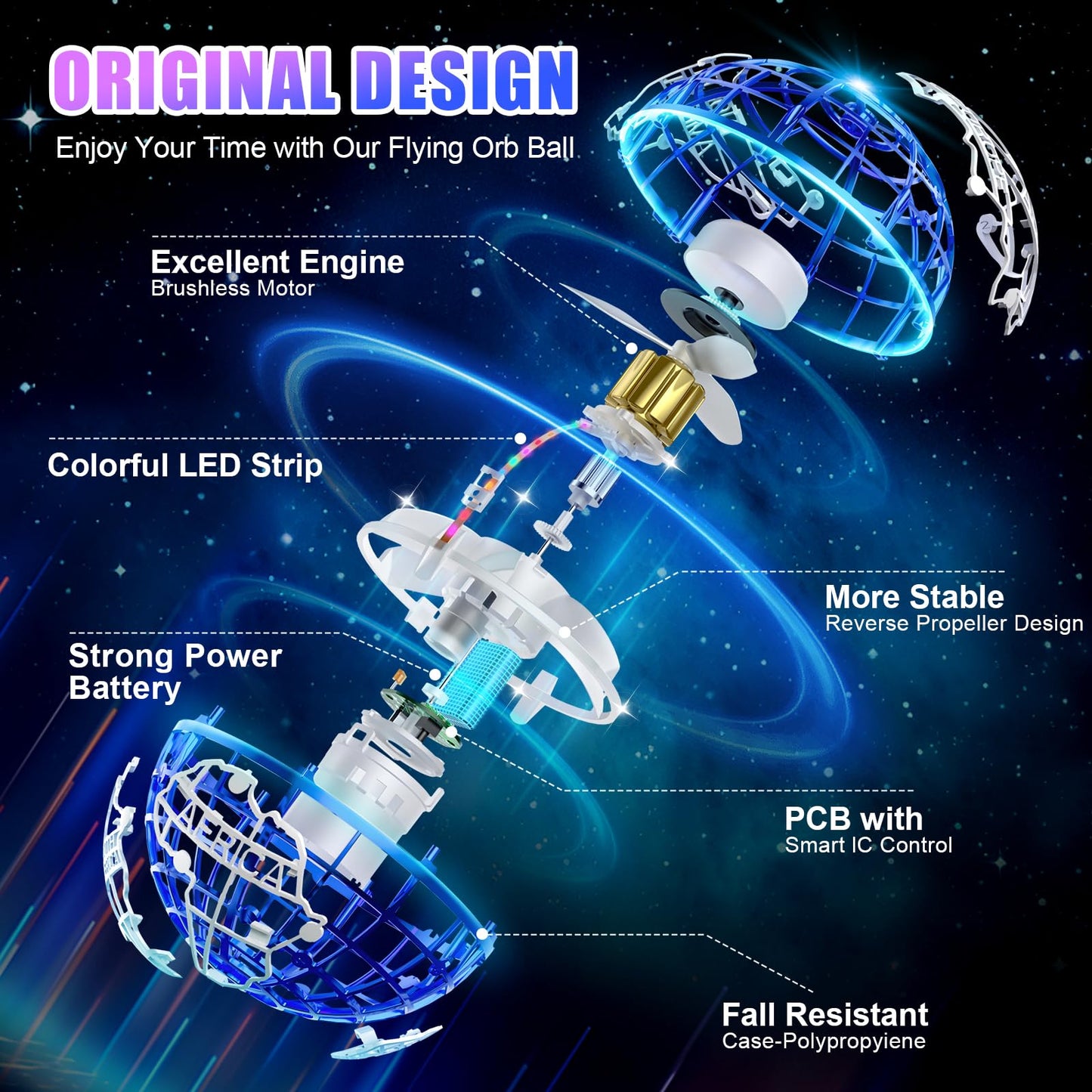 RIEYON Flying orb Ball 2025 Upgrade Hover Boomerang Ball 6 Lighting Effects Cool Toys for Kids Teen Adults Indoor Outdoor Flying Ball Toy