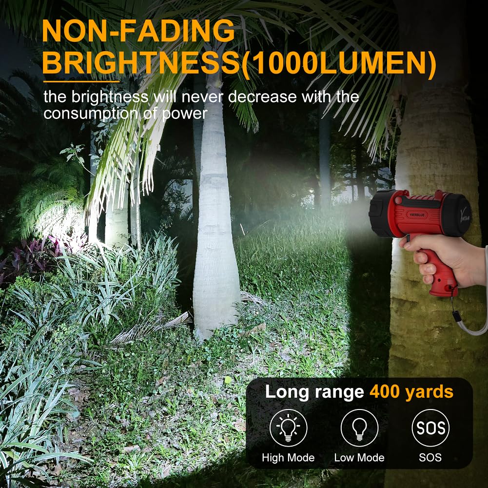 YIERBLUE Rechargeable Spotlight with Super High Lumen LED, IP67 Waterproof Handheld Flashlight Searchlight with Detachable Red Light Filter, Long Running