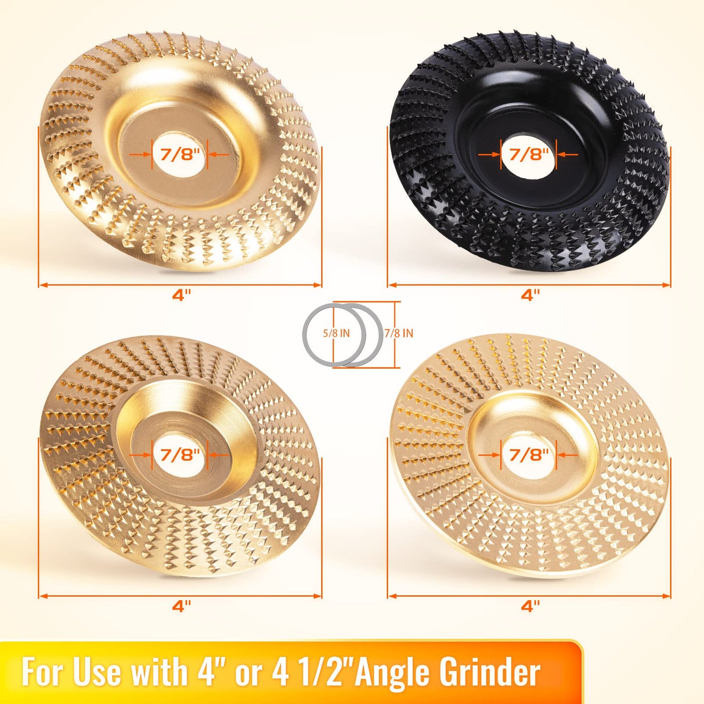 BLEKOO 4PC Angle Grinder Wood Carving Disc Set, for 4" or 4 1/2" Angle Grinder with 5/8" Arbor, Wood Shaper Carving Disc, Stump Grinder Teeth, Wood Shaping Tools