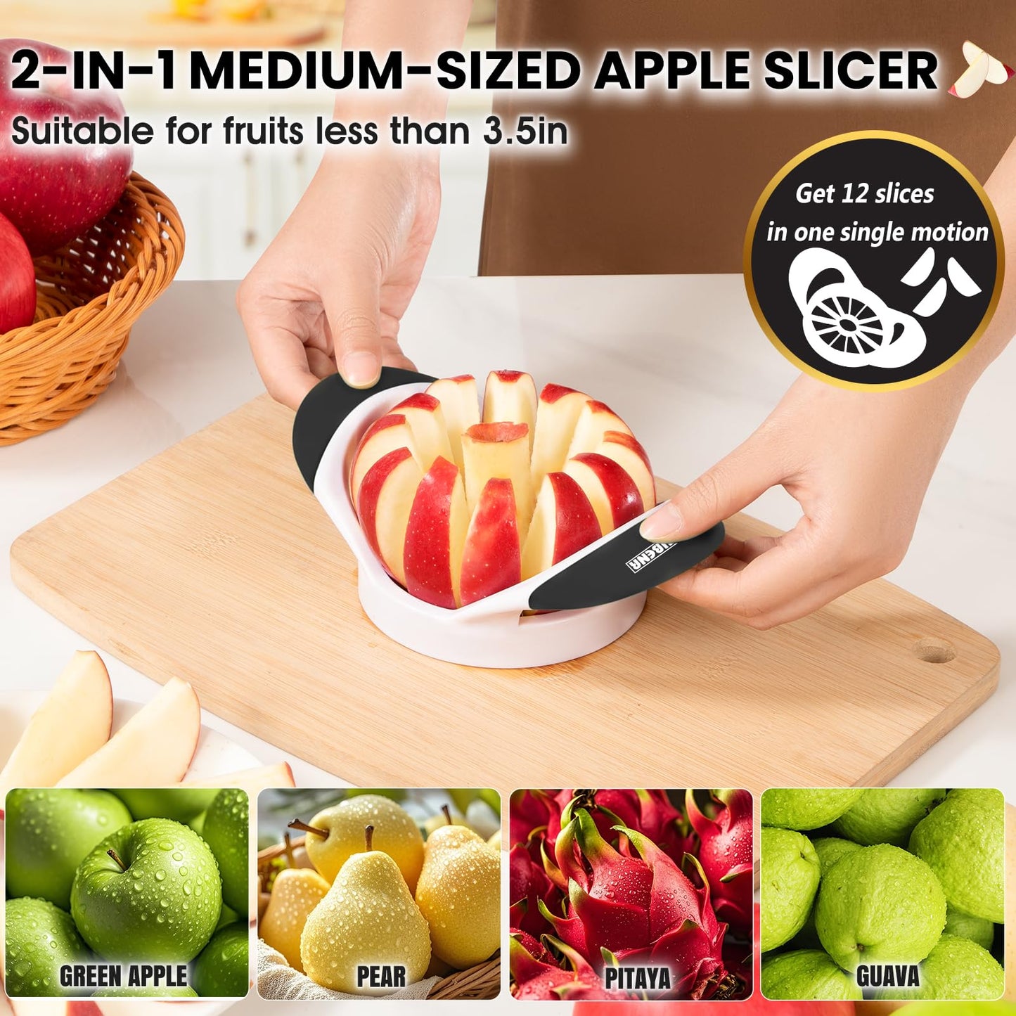 SCHVUBENR 3.5 Inch Apple Slicer with 12 Sharp Blades - Professional Apple Cutter - Stainless Steel Apple Corer - Super Sharp Apple Slicer and Corer - Slice Apple with Ease(Black)