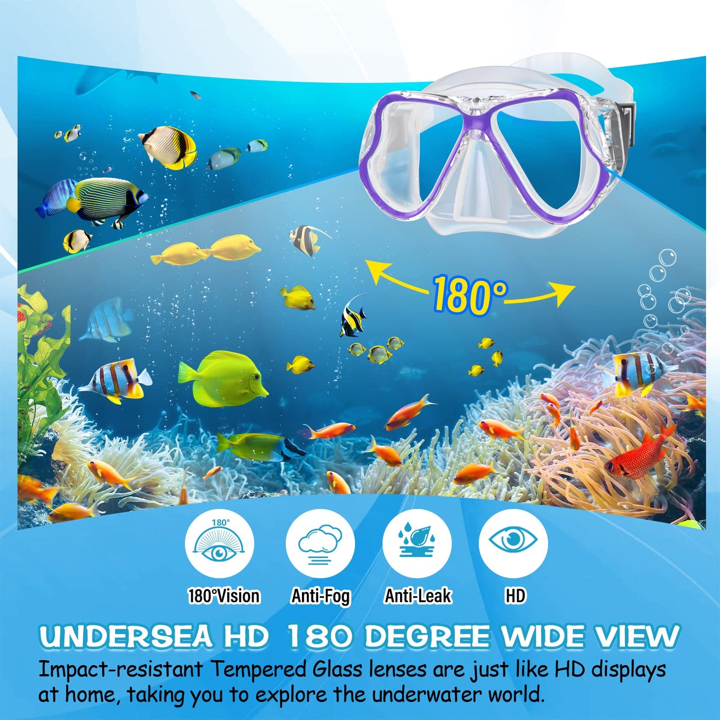 Greatever Dry Snorkel Set,Panoramic Wide View,Anti-Fog Scuba Diving Mask,Professional Snorkeling Gear for Adults