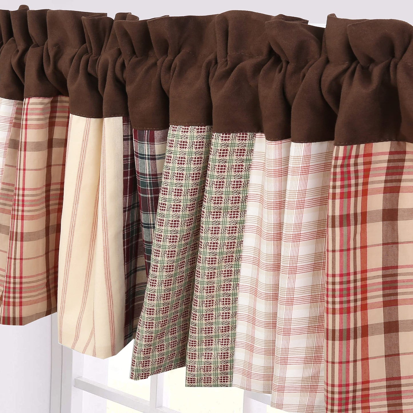 Cozy Line Home Fashions Hand Piecing Real Patchwork Brown Plaid Farmhouse Country Patchwork Rod Pocket Window Valance, 16" x 56"