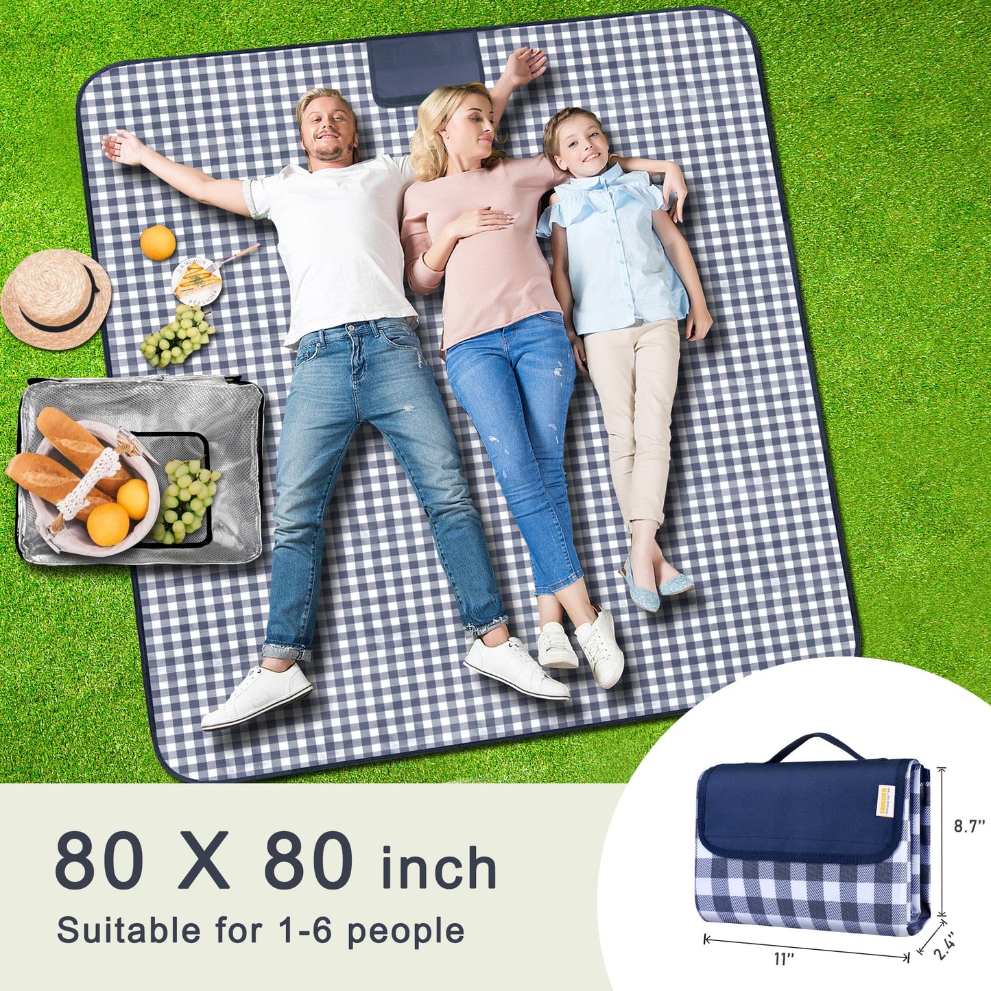 SAMSIER Outdoor Picnic Blankets Waterproof Foldable Sandproof, Extra Large Gingham Cute Picnic Mat Washable Portable for Park Beach Camping Courtyard (Navy Blue, 80"×80")