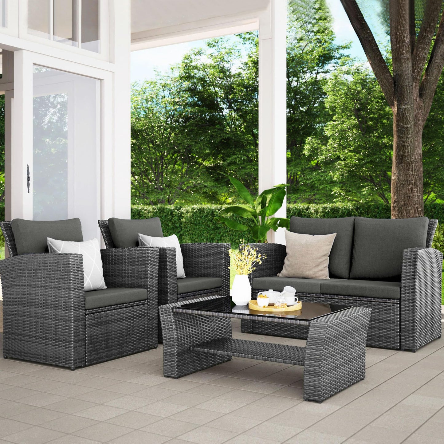 Wisteria Lane 4 Piece Outdoor Patio Furniture Sets, Wicker Conversation Set for Porch Deck, Grey Rattan Sofa Chair with Cushion (Dark Grey
