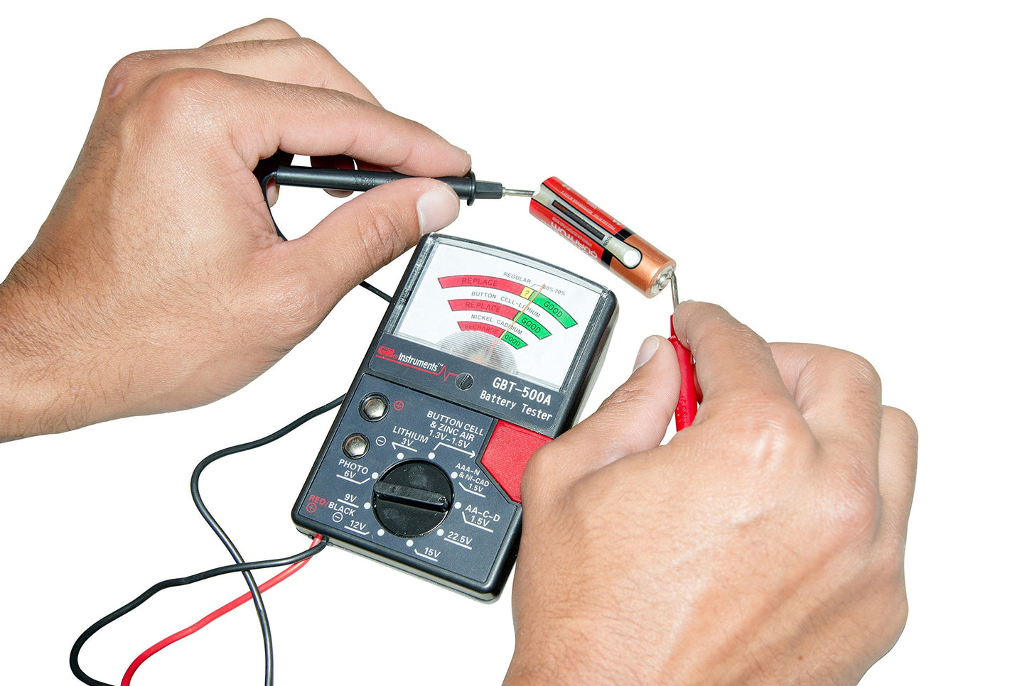 Gardner Bender GBT-500A Analog 1.5 V Button Cell/22.5 Photo/AA/AAA/12 V/9 V/Lantern Cells & More, Leads Battery Tester,14 Battery Range, Black