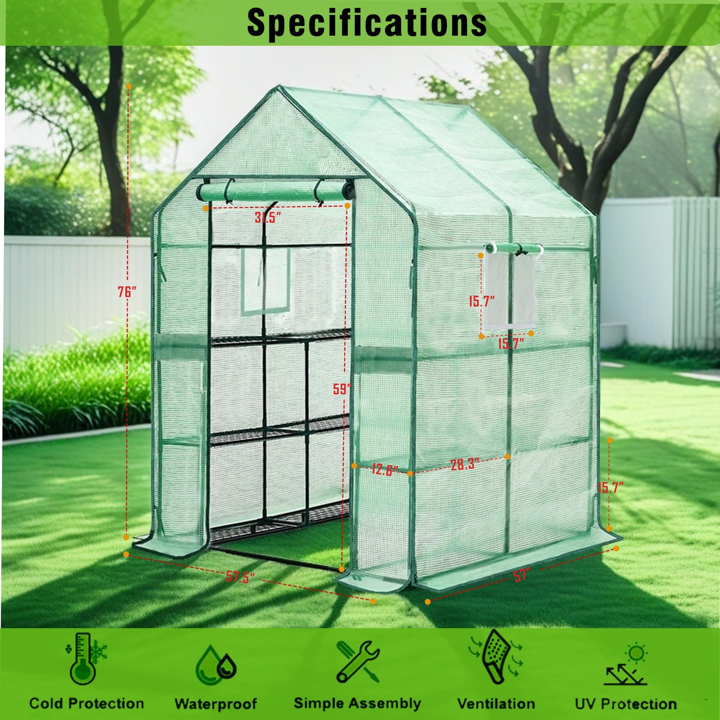 Purlyu Walk-in Greenhouse w/ Roll-Up Zipper Door & Screen Windows-3 Tiers 12 Shelves 56x56x76β PE Greenhouse for Outdoor Gardening Plants Cold Frost Protection Wind Rain Proof(PLGHW002G-N)