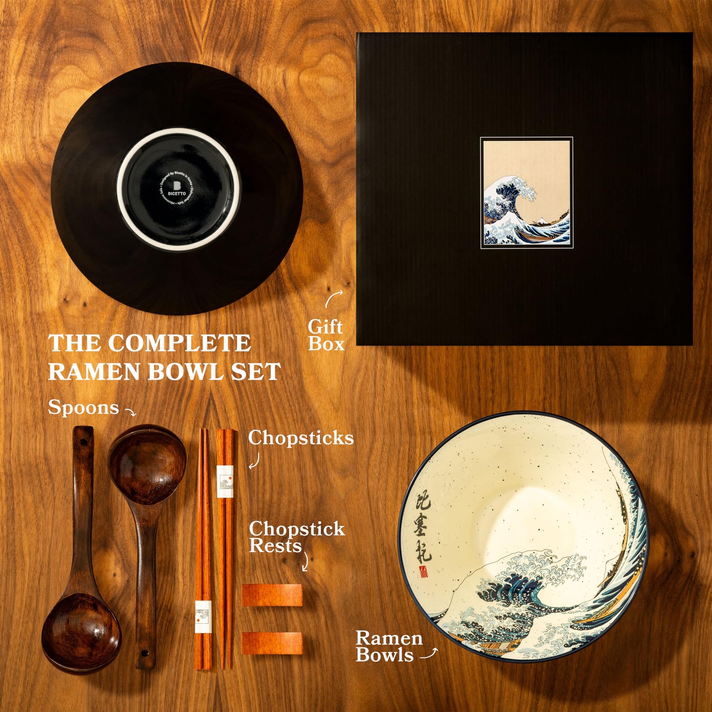 BICETTO Japanese Ramen Bowl Set with Great Wave Design - 60oz Large Ceramic Bowls, Spoons, Chopsticks for Ramen, Pho, Salad, Poke - Premium Gift for Ramen Lovers - Microwave & Dishwasher Safe