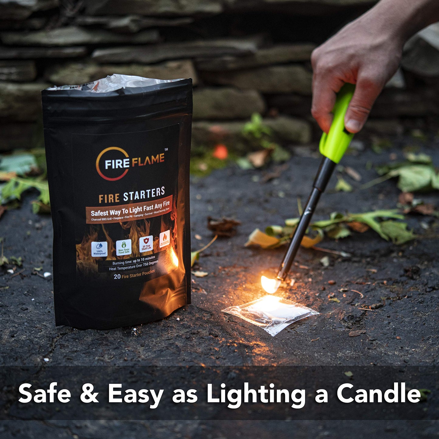 FireFlame Quick Instant Fire Starter -100% Waterproof All-Purpose Indoor & Outdoor FireStarter, for Charcoal Starter, Campfire, Fireplace, Firepit, Smoker - Odorless and Non-Toxic - 20 Pouches in Bag