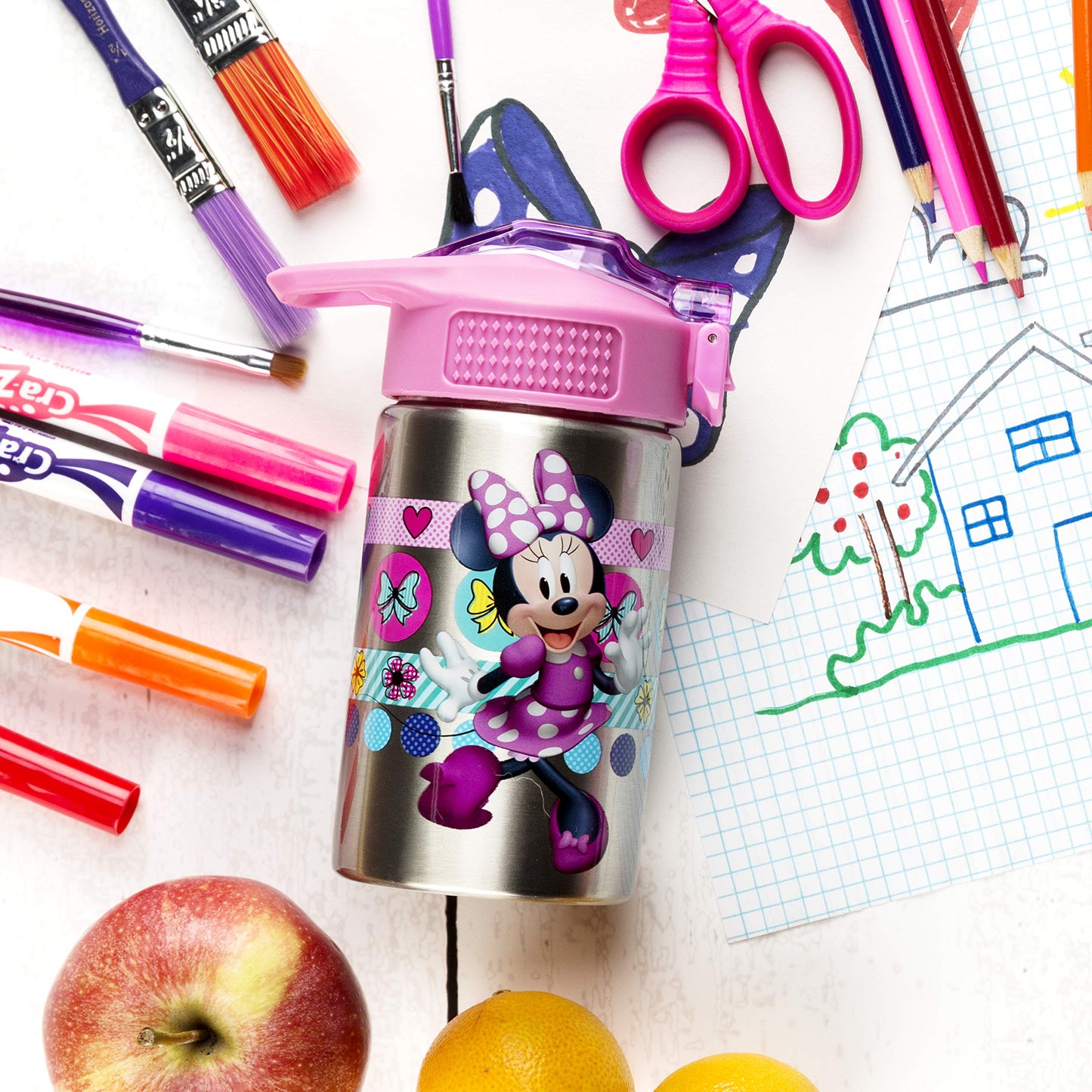 Zak Designs Disney Minnie’s Happy Helpers - Stainless Steel Water Bottle with One Hand Operation Action Lid and Built-in Carrying Loop, Kids Water Bottle with Straw Spout (15.5 oz, 18/8, BPA Free)