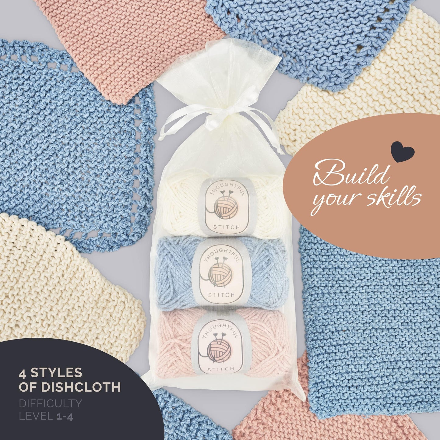 Thoughtful Stitch Knitting Kit for Beginners Adults & Kid Friendly- Complete Knitting Kit - Learn to Knit Yarn Set with Tutorial Book for Adult Hobbies - 100% Cotton Wool & Bamboo Knitting Needle