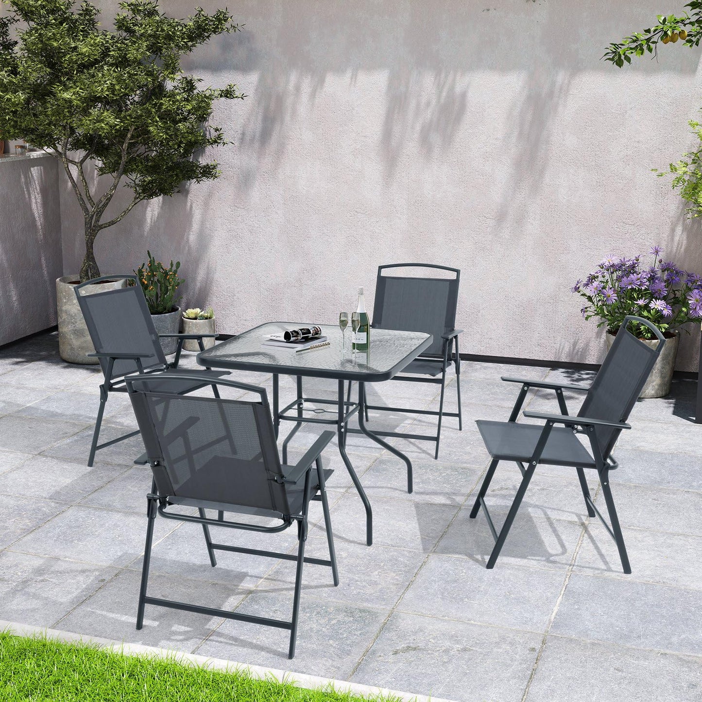 Crestlive Products Folding Patio Chairs Set of 4, Outdoor Foldable Chairs for Outside Portable Lawn Chair with Durable Rust-Resistant Frame and Breathable Textilene Material, Gray