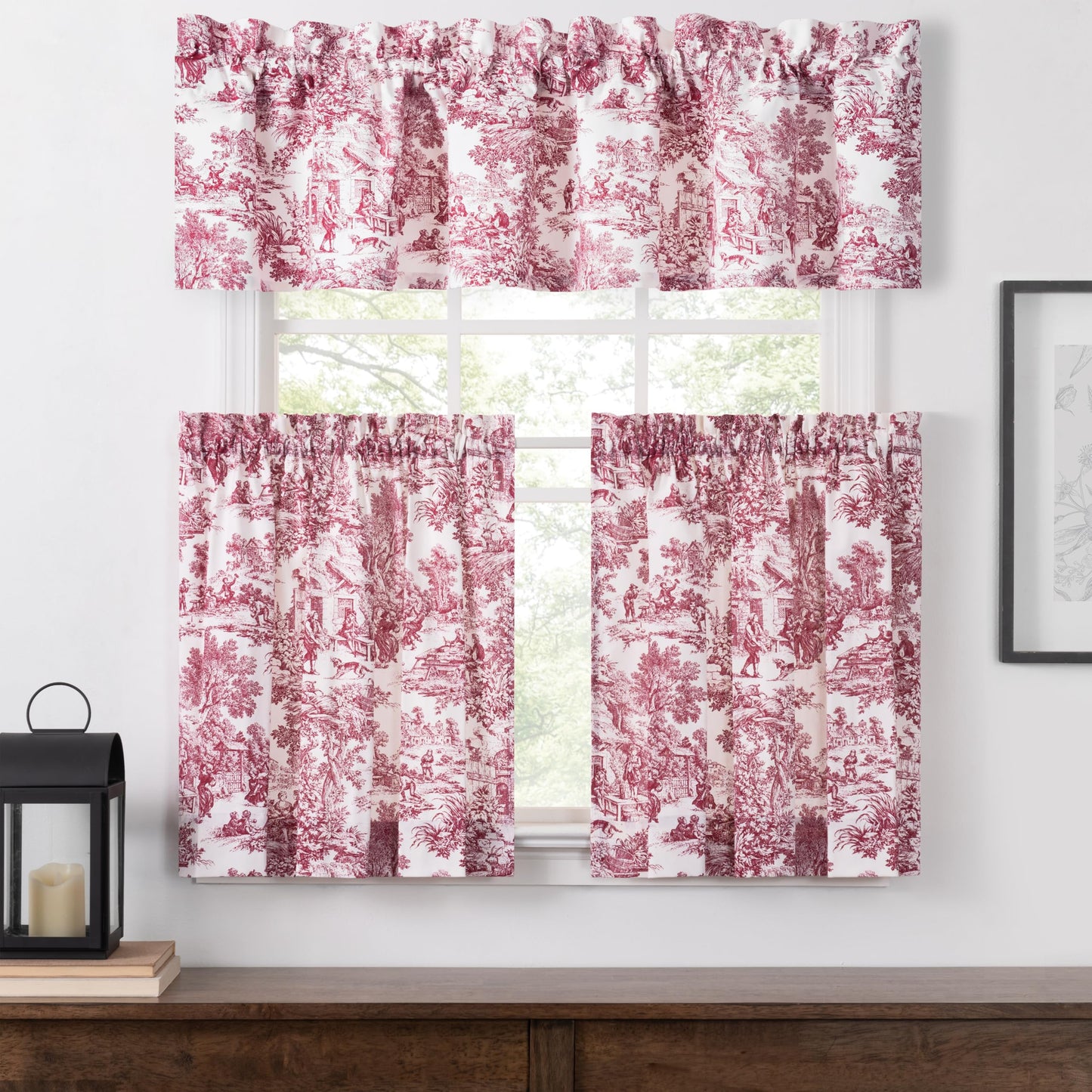 Victoria Park Toile 68-Inch-by-24 Inch Tailored Tier Curtains, Red