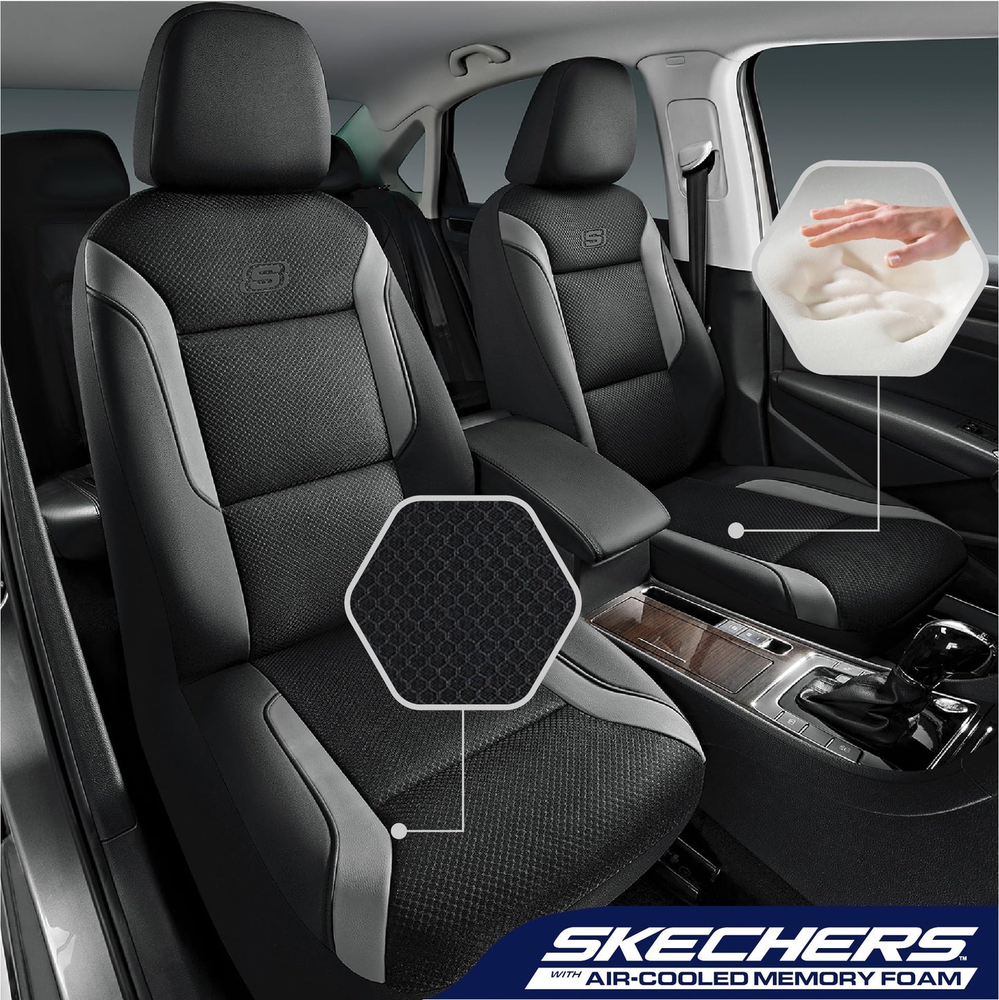 Skechers Memory Foam Car Seat Covers, Air Cool Mesh Thick Seat Covers, Gray Two Front Car Seat Protector, Airbag Compatible, Automotive Comfort & Protection for Most Cars, Van,Trucks, SUV,Grey
