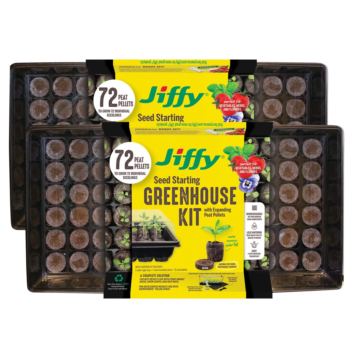 Ferry Morse Jiffy Seed Starting Greenhouse Tray Kit with 72 36mm Peat Pellets and Bonus SUPERthrive Sample + Plant Markers, 2 Pack, 144 Pellets Total