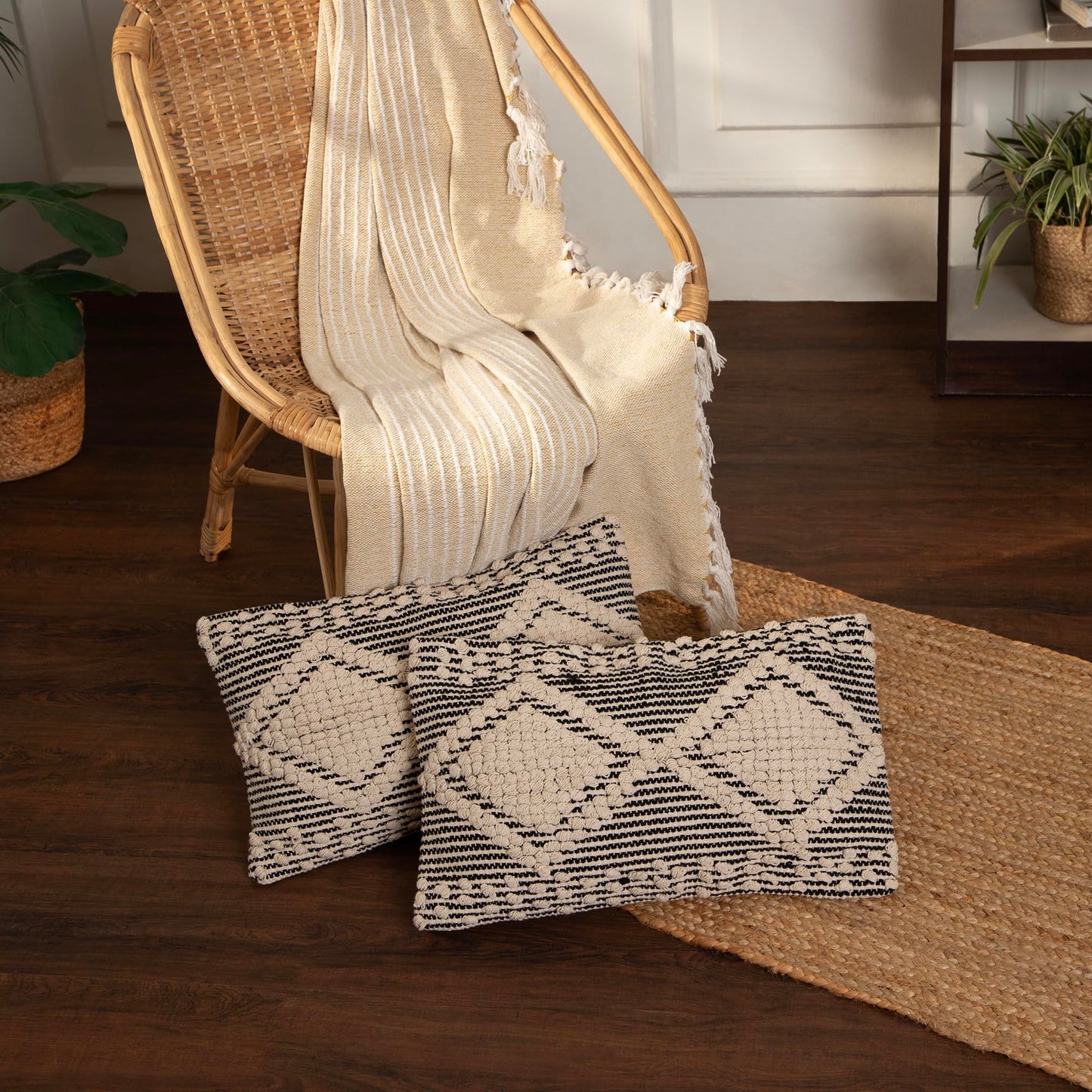 REDEARTH · Boho Textured Throw Pillow Cushion Covers- Lumbar Woven Tufted Decorative Farmhouse Cases Set for Couch, Sofa, Bed, Chair, Dining, Patio, Outdoor; 100% Cotton (12"x20", Gray) Pack of 2