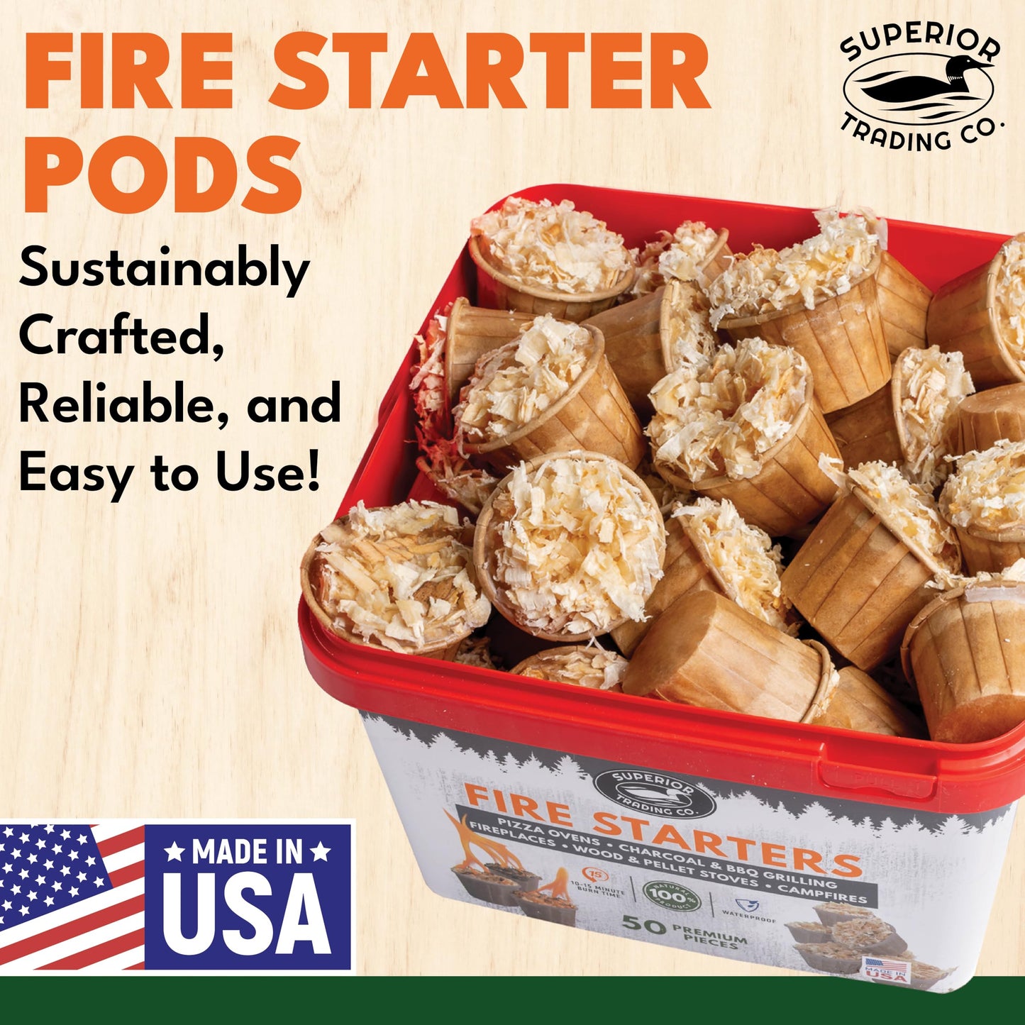 Superior Trading Fire Starter Pods in Plastic Bucket - Fire Starters for Campfires, BBQ, Grill, Pit, Wood Stove & Charcoal Starter, 15-20-Min Burn, 50 Extra Large Pods, USA Made, Brown, 3 Lbs