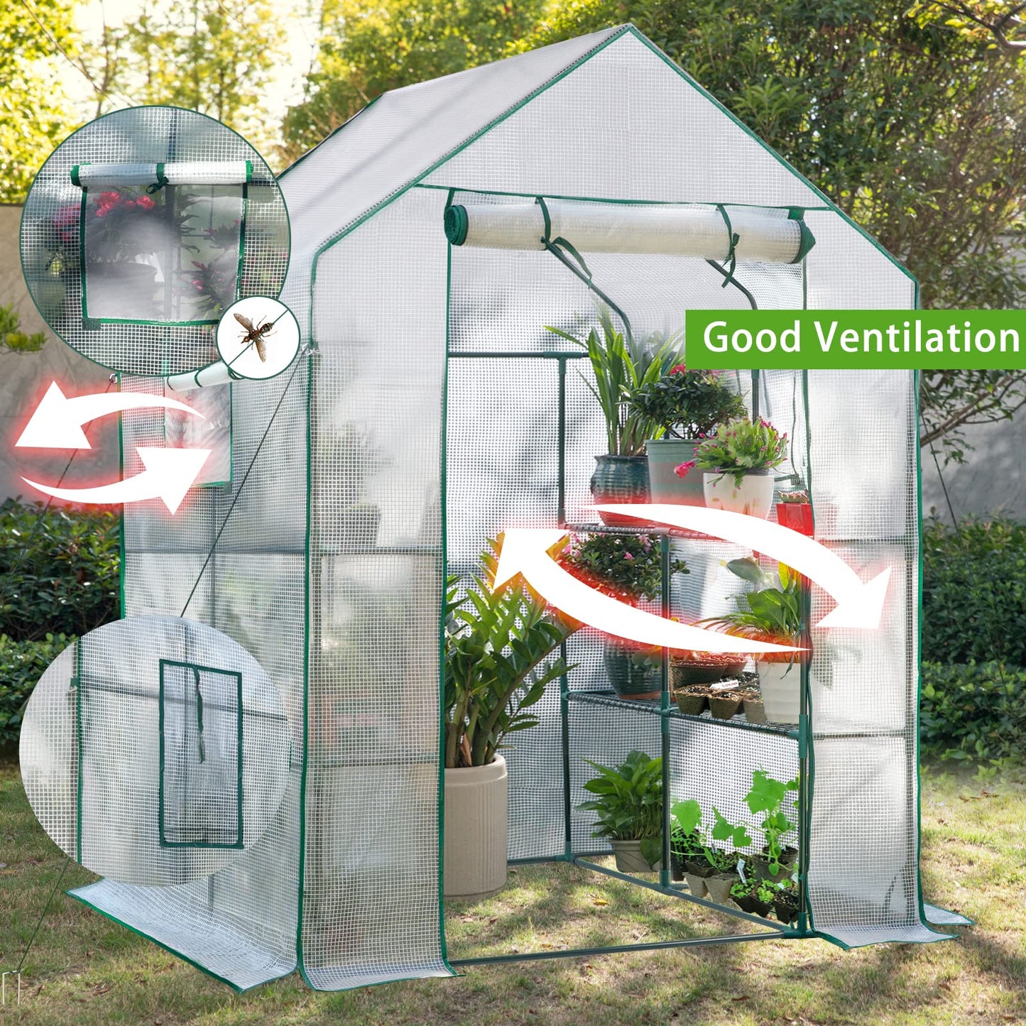 SV SCOOL VALUE Green Houses for Outdoors, PE Walk in Greenhouse with 2 Side Mesh Windows, Portable Green House with Anchors & Ropes Stands Up to Wind, 56"x56"x78" White