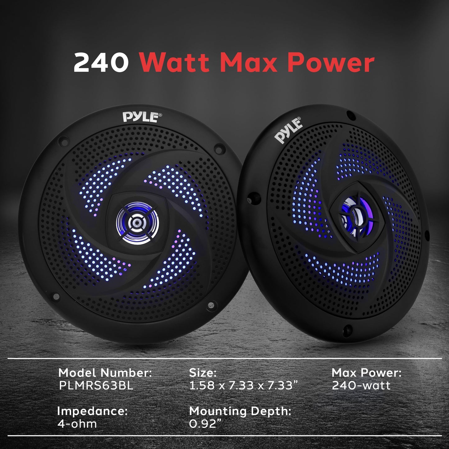 Pyle Marine Waterproof Speakers 6.5” - Low Profile Slim Style Wakeboard Tower and Weather Resistant Outdoor Audio Stereo Sound System with LED Lights and 240 Watt Power - 1 Pair in Black - PLMRS63BL