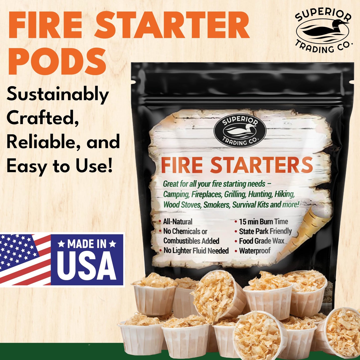 Superior Trading Fire Starter Pods in Resealable Packs - Fire Starters for Campfires, BBQ, Grill, Pit, Wood Stove & Charcoal Starter, 15-20-Min Burn, 30 Extra Large Pods, USA Made, Brown, 3.2 Lbs