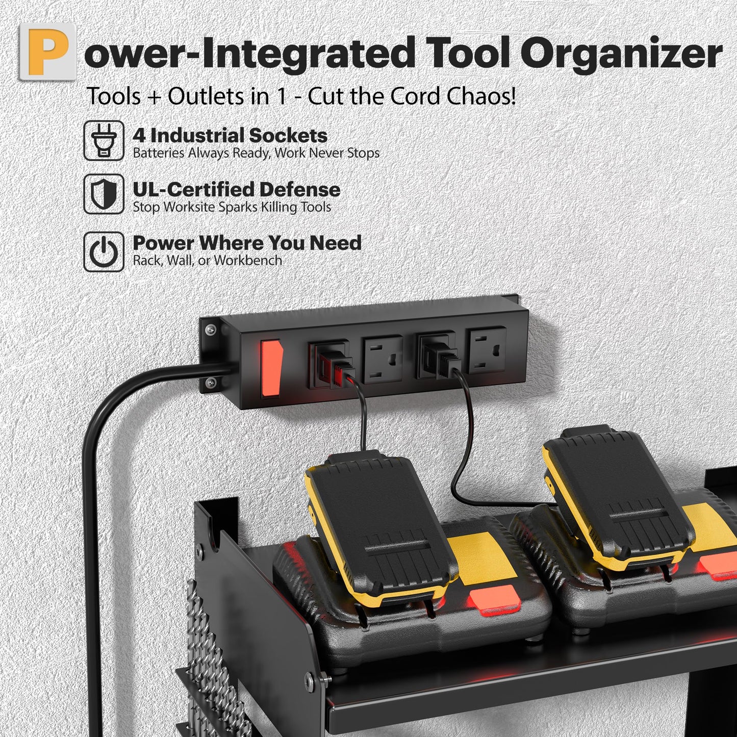Spampur Power Tool Organizer Wall Mount with Charging Station, 3 Layer Heavy Duty Metal Tool Storage Rack Loads 4200lbs with 6 Cordless Drill Holder, Tool Storage Rack with 4 Outlet Power Strip