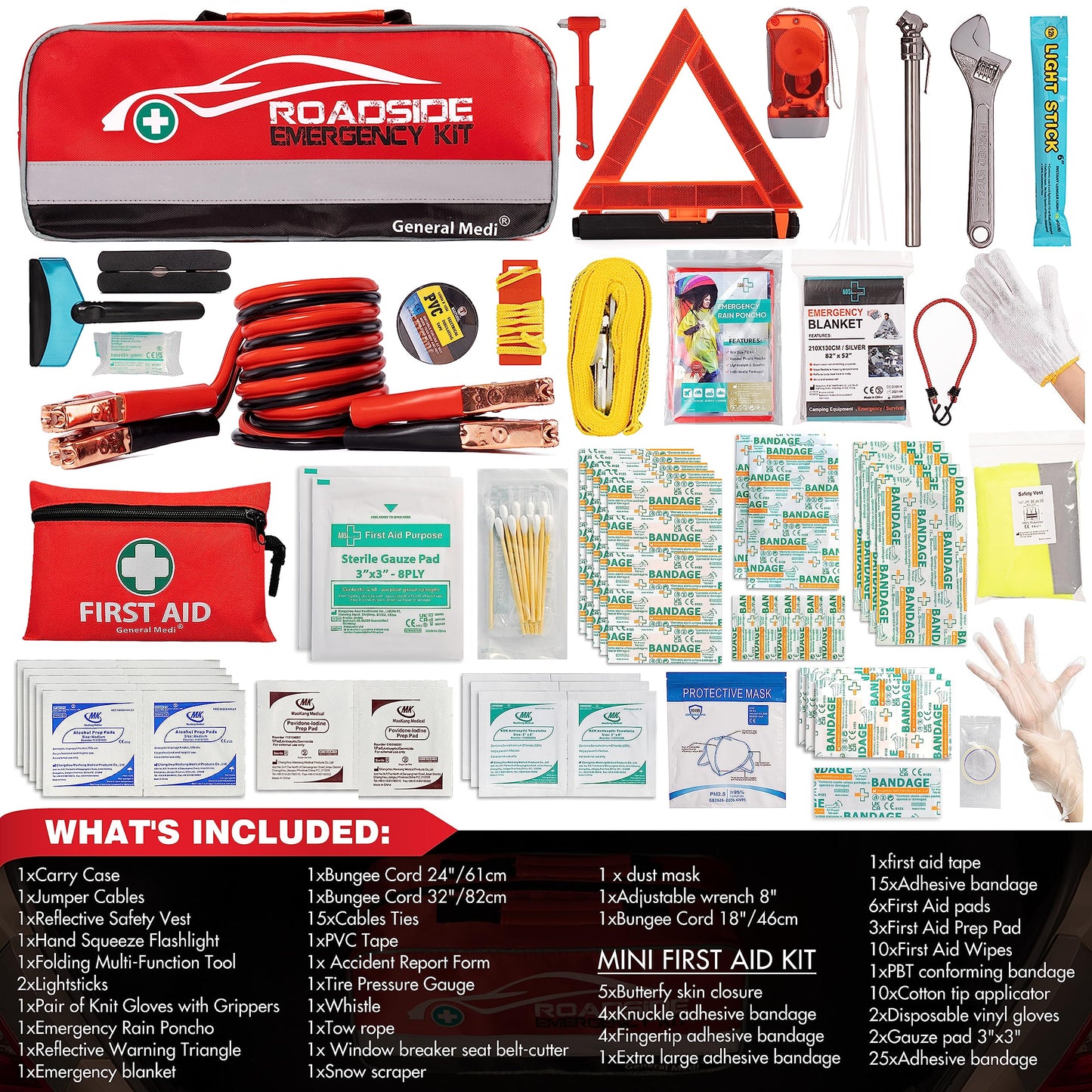 General Medi 127-Pieces Roadside Car Emergency Kit Include Mini First Aid Kit, Jumper Cables,Tow Rope, Bandage, Safety Vest, Emergency Triangle, All in One Pack
