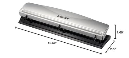 Bostitch Office Premium 3 Hole Punch, 12 Sheet Capacity, Metal, Rubber Base, Easy-Clean Tray, Silver