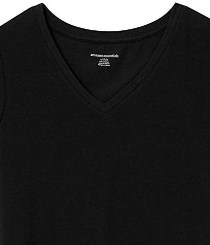 Amazon Essentials Women's Regular-Fit Short-Sleeve V-Neck T-Shirt, Pack of 2, Black/White, X-Small