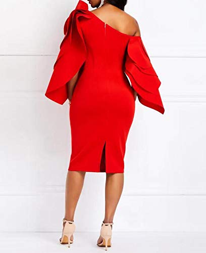 VERWIN Bodycon Dress for Woman Long Sleeve Knee-Length Ruffle Sleeve Off Shoulder Evening Dress XL Red