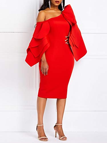 VERWIN Bodycon Dress for Woman Long Sleeve Knee-Length Ruffle Sleeve Off Shoulder Evening Dress XL Red
