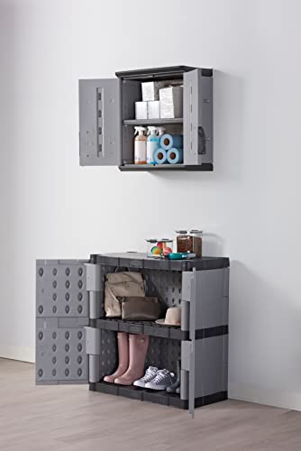 Rubbermaid Wall Mounted Storage Cabinet with Doors 150-Pound Capacity Gray Lockable Three-Shelf Cubbard for Tools/Car Accessories/Cleaning in Home/Garage/Outdoor Areas