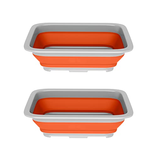 Set of 2 Multipurpose Wash Bins – 10-Liter Basins for Travel or Cleaning – Collapsible Bucket Camping Accessories by Wakeman (Orange)