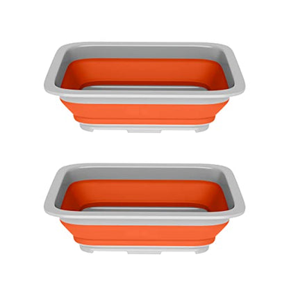 Set of 2 Multipurpose Wash Bins – 10-Liter Basins for Travel or Cleaning – Collapsible Bucket Camping Accessories by Wakeman (Orange)