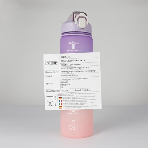 YC Kitchen Motivational Water Bottle with Time Marker- 32oz Water Bottles with Times to Drink, Leakproof & BPA Free Sports Water Bottle with Straw & Carry Strap for Fitness, Gym, and Outdoor Sports