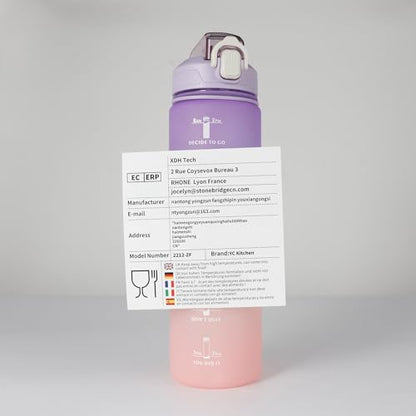 YC Kitchen Motivational Water Bottle with Time Marker- 32oz Water Bottles with Times to Drink, Leakproof & BPA Free Sports Water Bottle with Straw & Carry Strap for Fitness, Gym, and Outdoor Sports