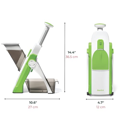 Starfrit Pump'n'Slice - Vertical Mandoline, Food Chopper, Slicer - Precision Adjustable Slicing, Julienne, Dicing - Safe Enclosed Blades, Fold for Storage - High Efficiency Spring Pump - Cleaning Tool