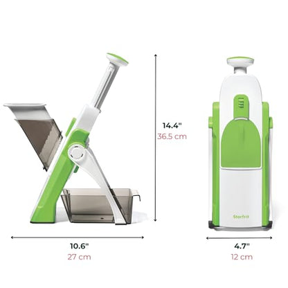 Starfrit Pump'n'Slice - Vertical Mandoline, Food Chopper, Slicer - Precision Adjustable Slicing, Julienne, Dicing - Safe Enclosed Blades, Fold for Storage - High Efficiency Spring Pump - Cleaning Tool