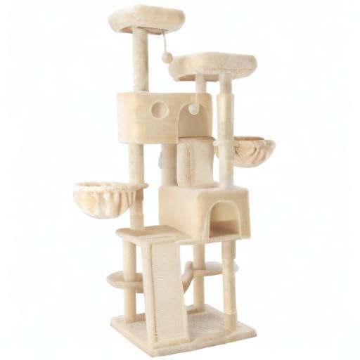 SHA CERLIN 65in Larger Cat Tree Tower Condo for Indoor Kitties/Multi-Level Furniture Activity Center with Wide Base/Cozy Plush Cat Perches/Baskets/Sisal Scratching Posts and Hammock/Beige