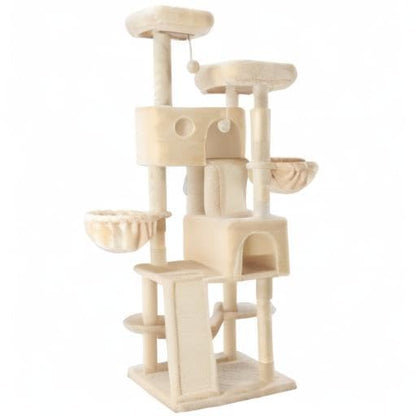 SHA CERLIN 65in Larger Cat Tree Tower Condo for Indoor Kitties/Multi-Level Furniture Activity Center with Wide Base/Cozy Plush Cat Perches/Baskets/Sisal Scratching Posts and Hammock/Beige