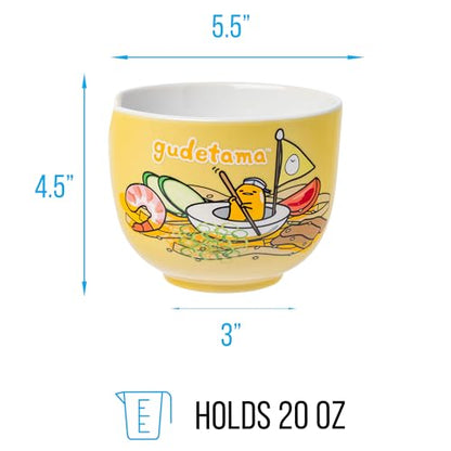 Silver Buffalo Sanrio Hello Kitty and Friends Gudetama Lazy Egg Sailing In Ramen Ceramic Ramen Noodle Rice Bowl with Chopsticks, Microwave Safe, 20 Ounces