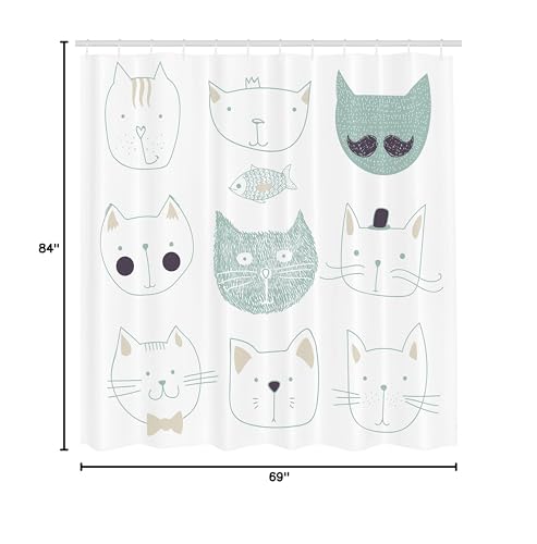 Ambesonne Cat Shower Curtain, Pets Moustache Bow Tie Hat Crown Fluffy and Fish Humor Faces Graphic, Cloth Fabric Bathroom Decor Set with Hooks, 69" W x 84" L, Soft Teal