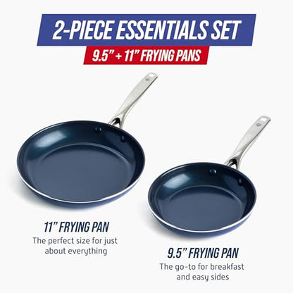 Blue Diamond 9.5” & 11" Nonstick Frying Pan Skillet Set, Diamond Infused PFAS & PTFE-Free Ceramic Pots & Pans, Dishwasher & Oven Safe, Stay Cool Handles, Durable Non Toxic Metal Utensil Safe, Blue