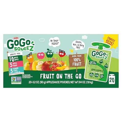 GoGo squeeZ Applesauce and Fruit Puree Variety Pack, Apple, Peach & Gimme Five!, 3.2 oz (Pack of 20), Unsweetened Fruit Snacks for Kids, Gluten Free, Nut Free and Dairy Free, BPA Free Pouches
