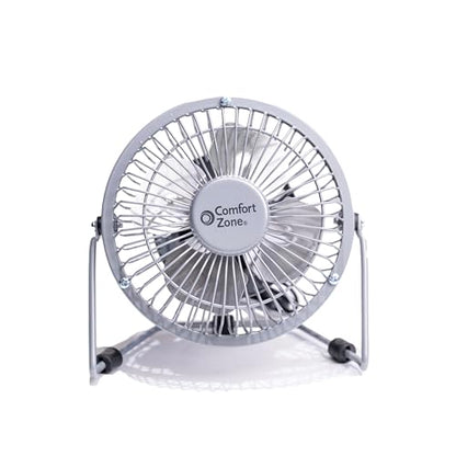 Comfort Zone 4-inch All-Metal Desk Fan with USB or Power Cord, Single Speed, 360 Degree Adjustable Tilt, Compact & Durable Mini Electric Fan for Home, Office or Travel Use, Silver