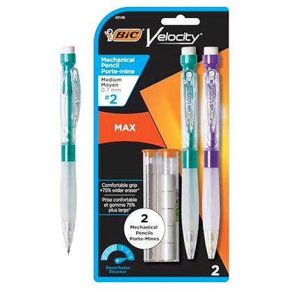 BIC Velocity Max Mechanical Pencils, With Colorful Barrel, Medium Point (0.7mm), 2-Count Pack Mechanical Pencils With Erasers and Lead Refills